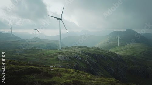 A wind farm with three wind turbines on a hillside