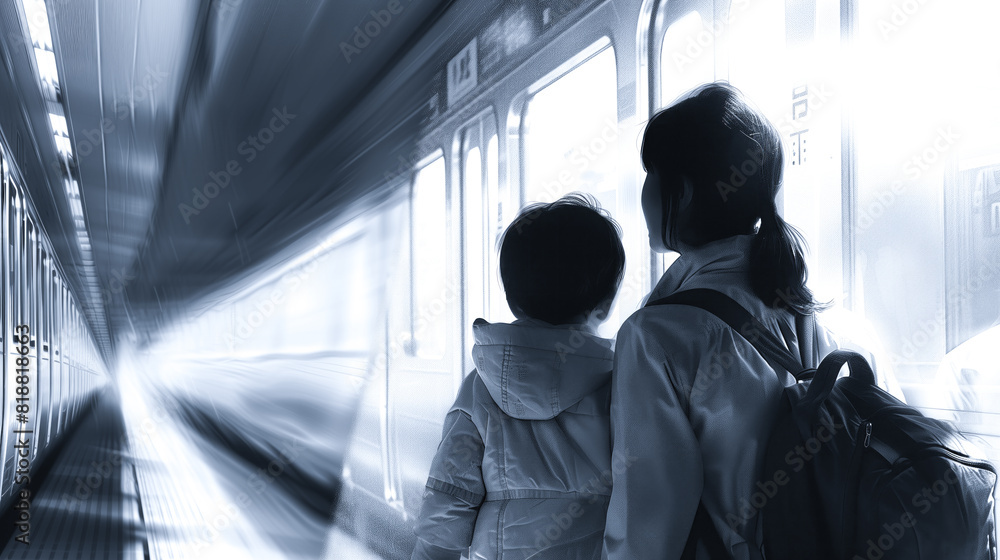 A mother and child eagerly watching for the arrival of their train on the platform A mother and child eagerly watching for the arrival of their train on the platform