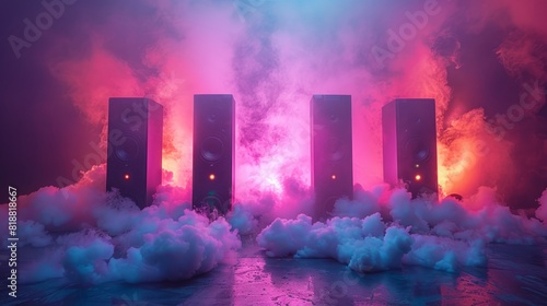 Tall speakers surrounded by colorful clouds of smoke in a vibrant, neon-lit room.