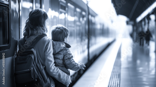 A mother and child eagerly watching for the arrival of their train on the platform photo