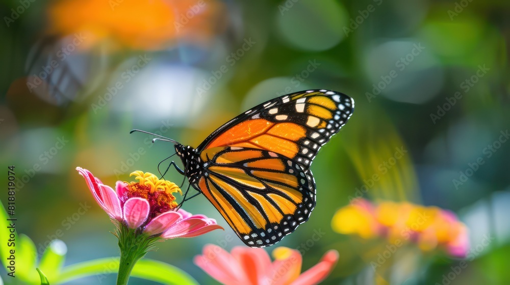 A vivid image of a Monarch butterfly with its wings spread, perched delicately on a blooming pink and yellow flower, with soft-focus background A vivid image of a Monarch butterfly with its wings spread, perched delicately on a blooming pink and yellow flower, with soft-focus background