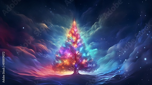Abstract fantasy Christmas tree background. Generative AI. photo