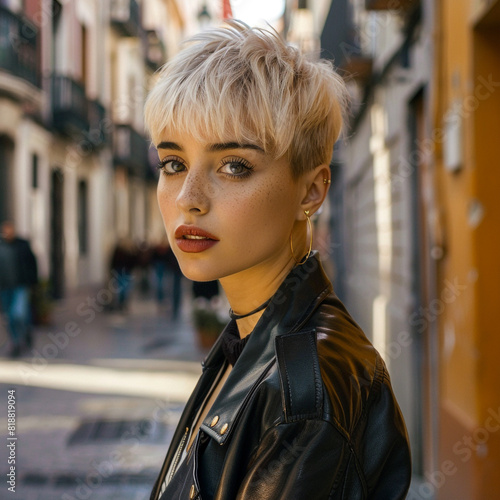 Una modelo española con cabello corto rubio platino posa con una chaqueta de cuero en una sesión de fotos callejera.  photo