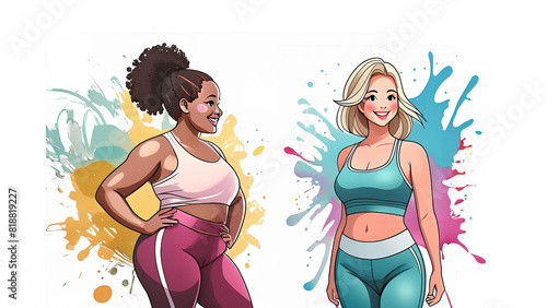 Cartoon portrait of an overweight woman and slim women dressed in sportswear isolated on colorful  background,Good Healthy person often care from a good diet