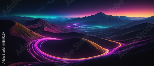 futuristic landscape with smooth  dark  undulating hills in the background with neon light trail