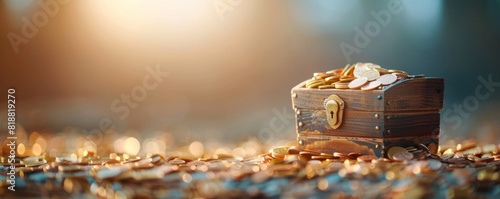 Minimalist design showing a treasure chest with coins spilling out, colorful and clear to represent financial achievements with space for text photo