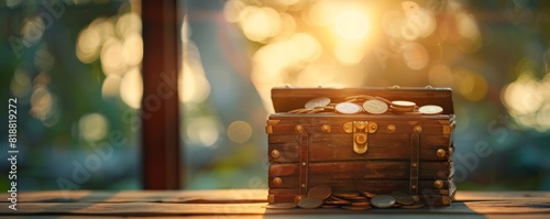 Minimalist design showing a treasure chest with coins spilling out, colorful and clear to represent financial achievements with space for text photo