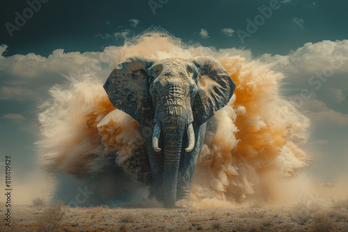 Illustration of an elephant with an ethereal outline, its massive form dissolving into a cloud of dust, photo