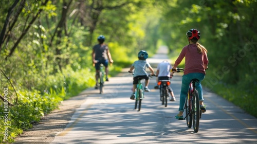 6. Family biking together, dedicated bike path, sunny day