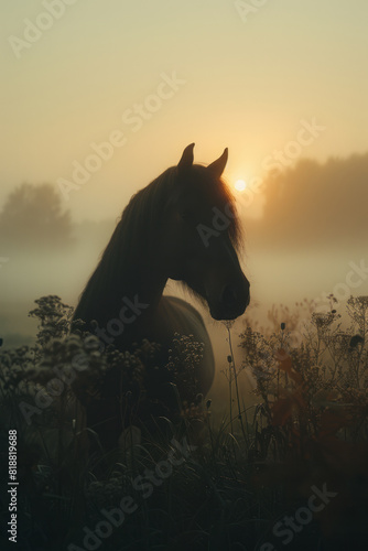 Artistic portrayal of a horse with a ghostly mane and tail, its body fading into the morning mist,