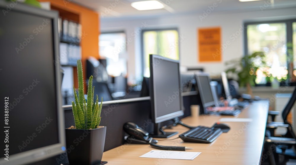 A contemporary office setup with multiple computer monitors, desks, and phones indicating a professional work environment A contemporary office setup with multiple computer monitors, desks, and phones indicating a professional work environment