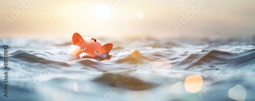 Illustration of a piggy bank sinking in turbulent waters, representing financial crises and challenges, colorful and minimalistic with space for text photo