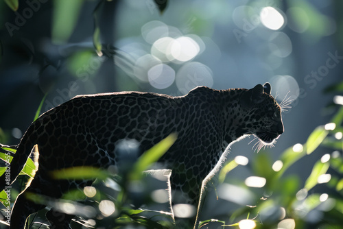 Artistic portrayal of a leopard with a ghostly silhouette, slipping into the shadows of the jungle, photo