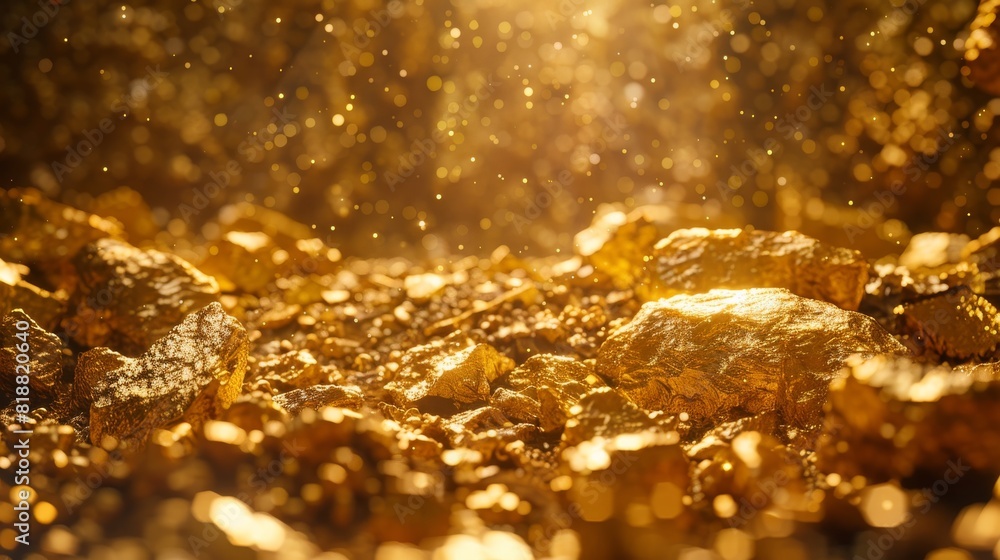 Close-up of sparkling golden rocks with warm bokeh lights suggesting luxury, value, or magic The focus is on the shimmering textures Close-up of sparkling golden rocks with warm bokeh lights suggesting luxury, value, or magic The focus is on the shimmering textures