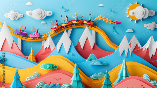 Vibrant Roller Coaster Ride Through a Whimsical Paper Art Landscape, A vibrant roller coaster ride through a whimsical paper art landscape, filled with colorful mountains, clouds, and a bright sun.