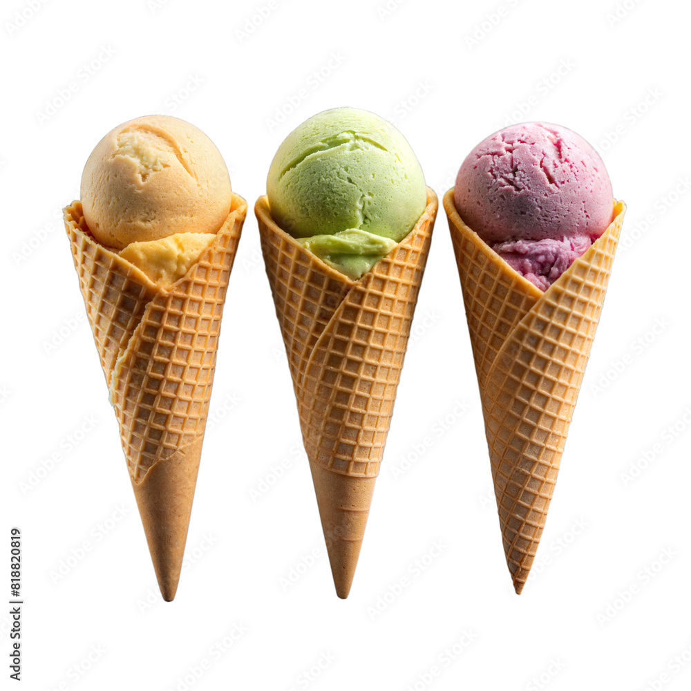 Three Flavorful Ice Cream Cones on Transparent Background for Summer Treat Display Three Flavorful Ice Cream Cones on Transparent Background for Summer Treat Display