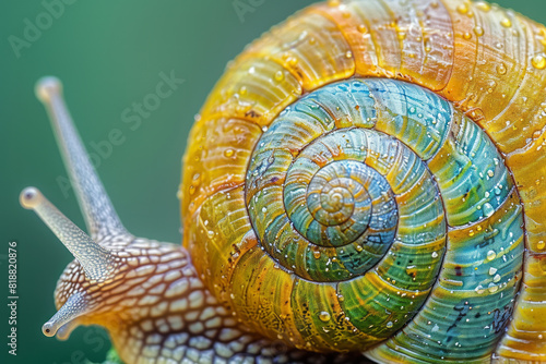 Abstract image of a Helix aperta (green snail), featuring its unique greenish hue and spiraled shell,