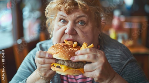 An extreme obese woman eating junk fast food and living a sedentary life with bad health habits photo
