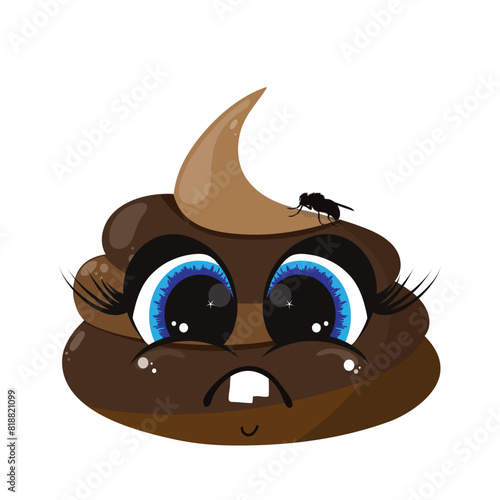 Illustrations of poop with face on white background. Symbol of excrement and cartoon.