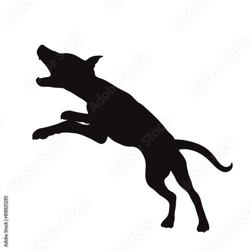 Vector silhouette of jumping dog on white background. Symbol of pet and happy life.