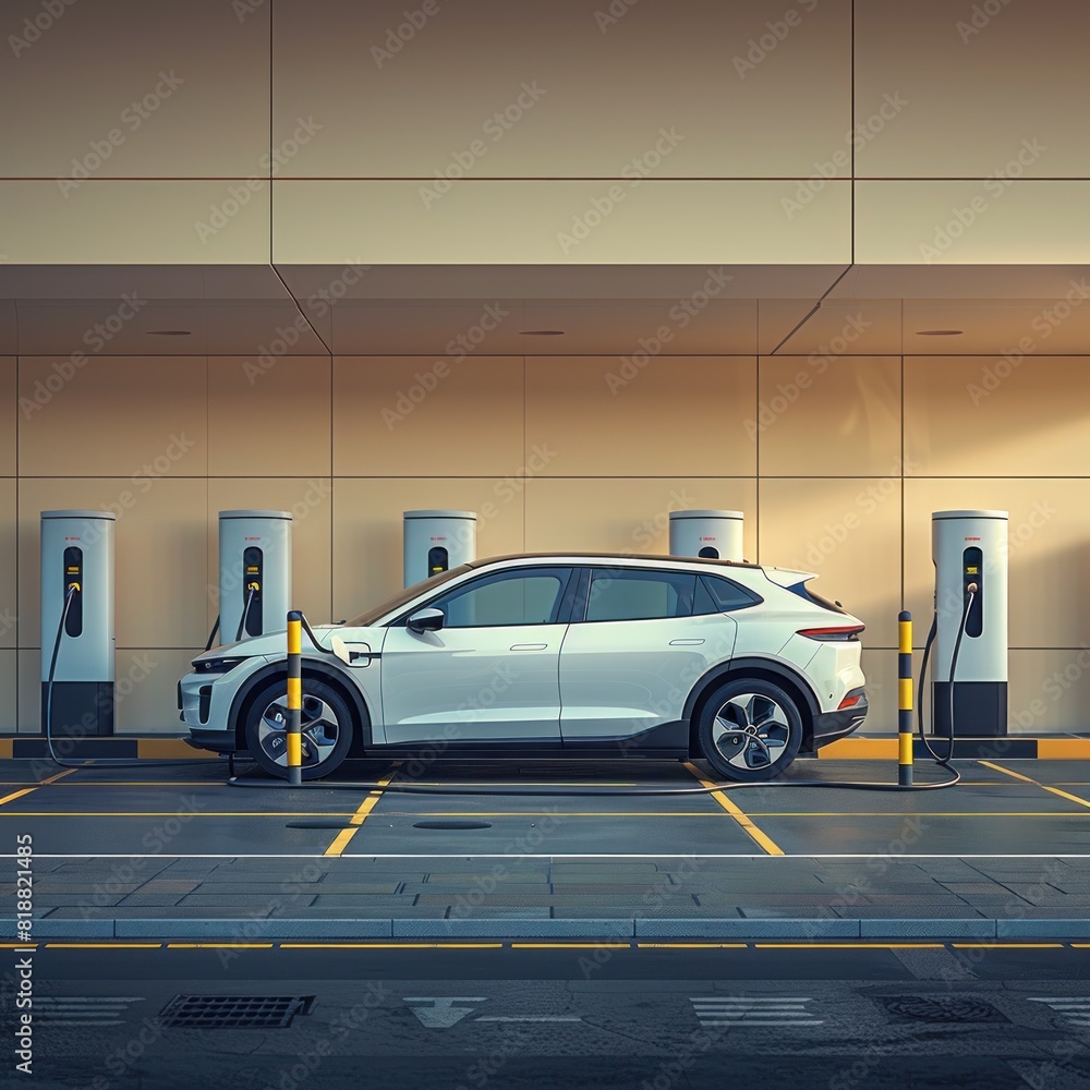 Fototapeta premium Hybrid car is charging at an electric vehicle charging station. The choice of energy use is more efficient, environmentally friendly and does not produce emissions that can affect pollution
