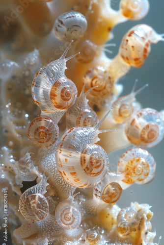 Scene of tiny snail hatchlings emerging from their eggs, with delicate, translucent shells,