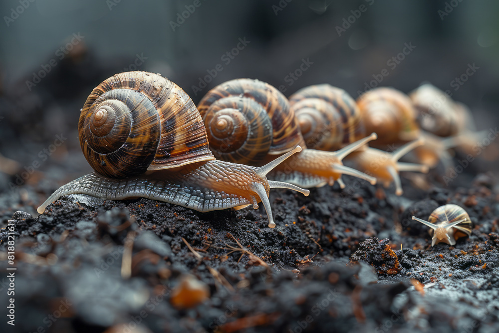 Dynamic image of a group of snails feeding together, illustrating their social feeding behavior, Dynamic image of a group of snails feeding together, illustrating their social feeding behavior,