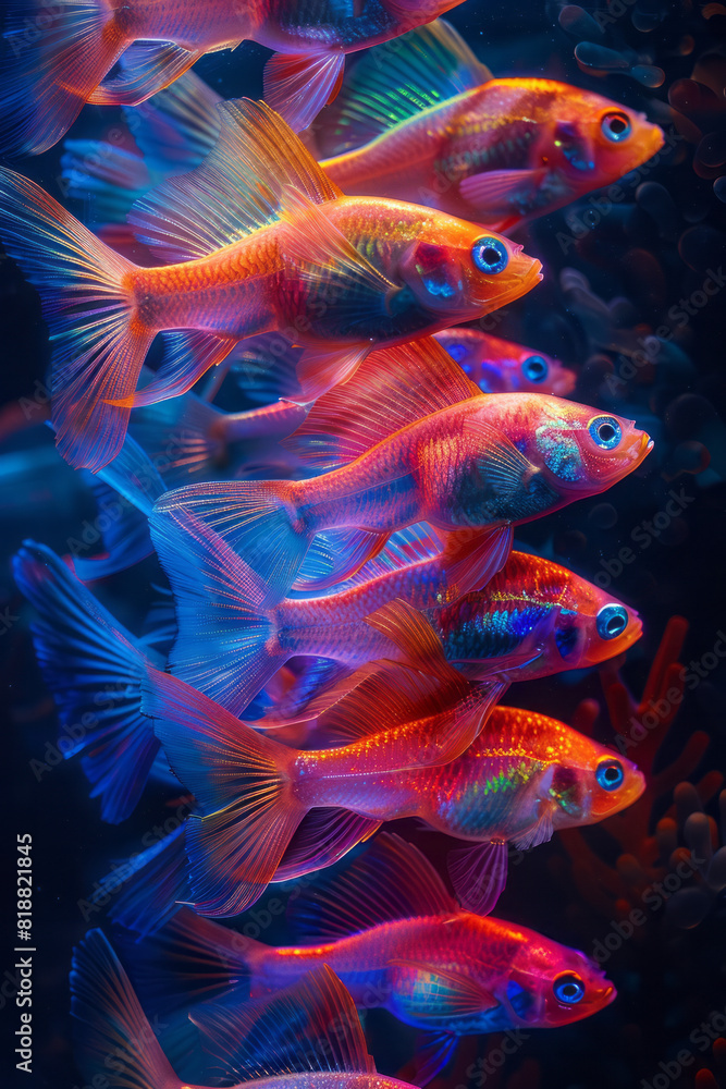 Artistic depiction of a school of fish, each with different neon colors, creating a mesmerizing, glowing pattern in the darkness, Artistic depiction of a school of fish, each with different neon colors, creating a mesmerizing, glowing pattern in the darkness,
