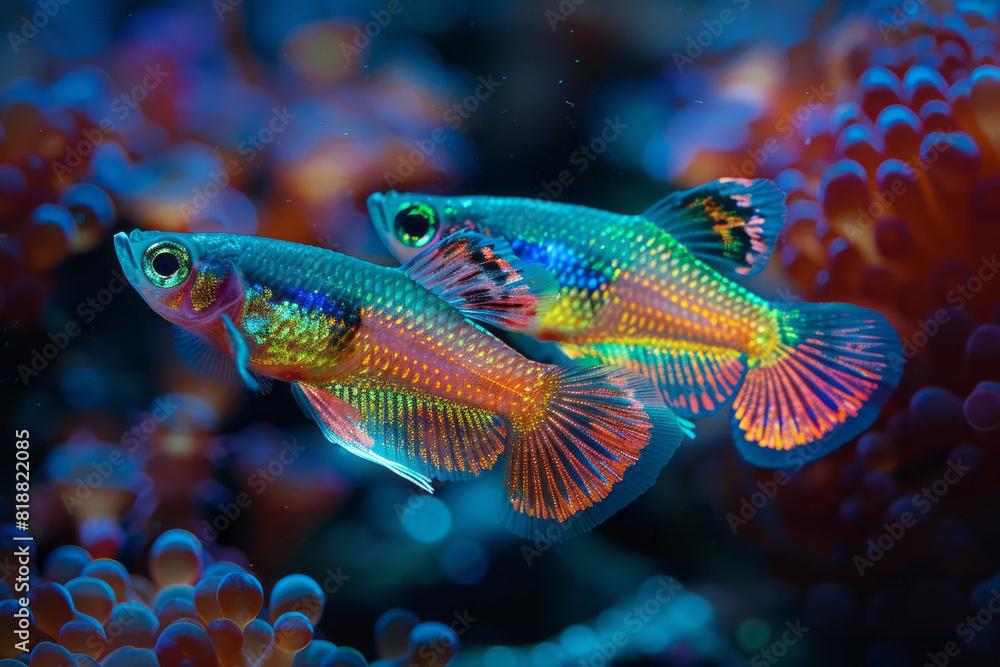 Artistic depiction of a pair of neon-outlined guppies, their tails and fins glowing in vibrant green and blue,