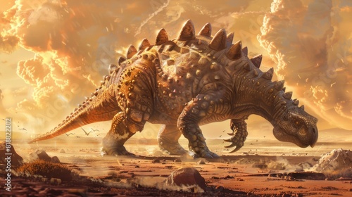 An immense ankylosaurus its armorplated body shining beneath the scorching sun lumbering across a barren savanna