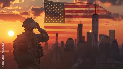 Heroic Army Soldier Silhouetted Against Dramatic Sunset with Iconic American Flag Over New York photo