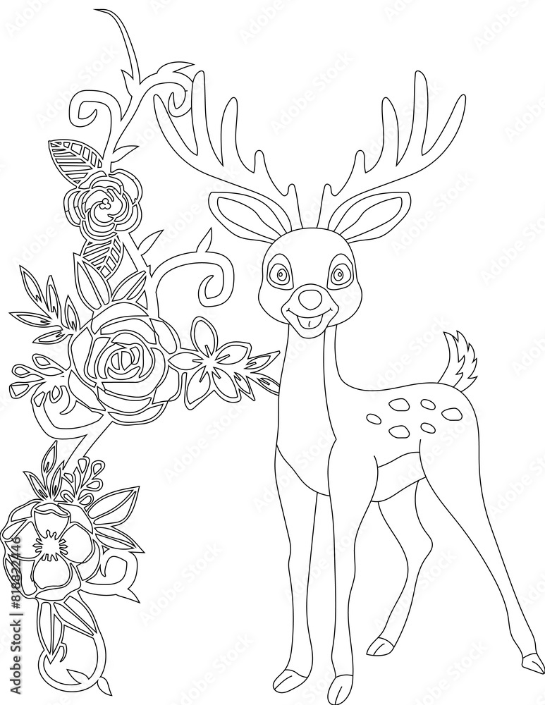 Fototapeta premium Deer and A Floral Vine Coloring Page. Printable Coloring Worksheet for Adults and Kids. Educational Resources for School and Preschool.