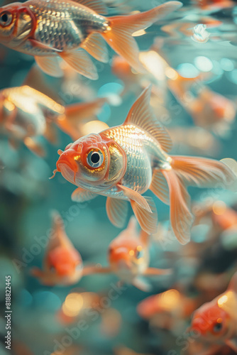 Scene of goldfish swimming in such a way that their reflections create the illusion of a larger, ghostly goldfish,