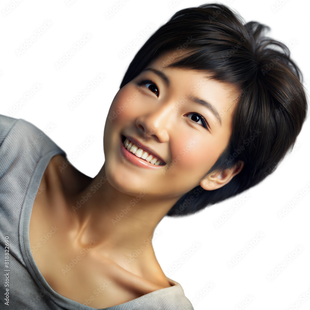 Smiling Woman With Short Hair Wearing Grey Top in Studio Lighting Smiling Woman With Short Hair Wearing Grey Top in Studio Lighting