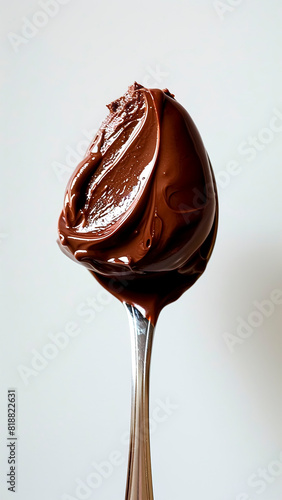 Luscious Spoonful of Chocolate Pudding on White Background. Dessert Time, Cocoa Goodness.