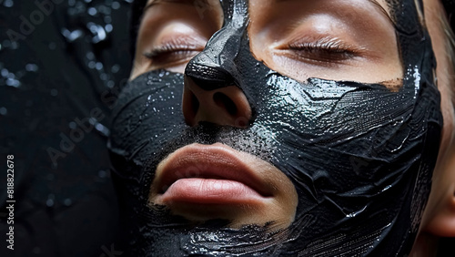 Black Mud Mask on Female Face. Skin Health, Organic Care, Beauty Regimen.