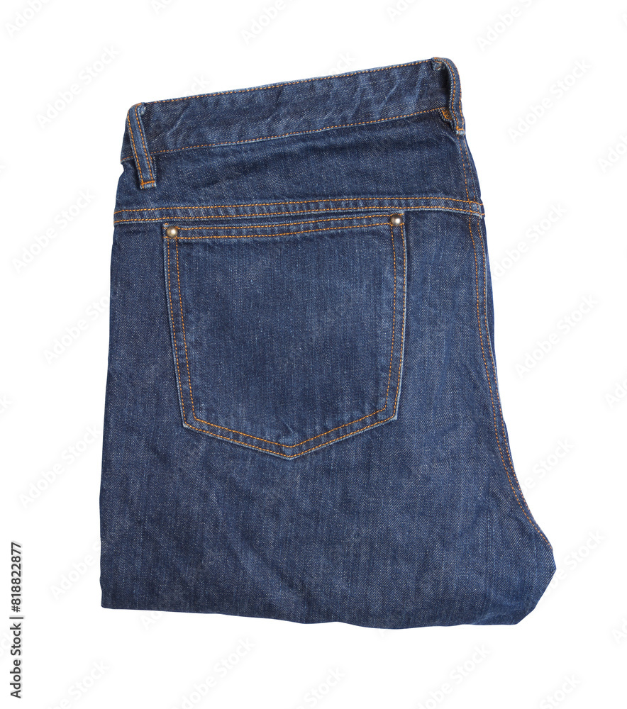 A pair of folded blue denim jeans isolated on a white background, symbolizing casual fashion A pair of folded blue denim jeans isolated on a white background, symbolizing casual fashion