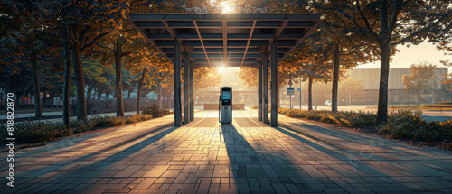 A park with a bench and a parking meter, EV charging station, EV charging station photo