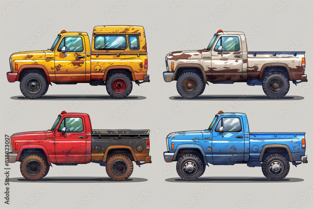 Fototapeta premium set farm truck in cartoon style for video game isolated on white background. 