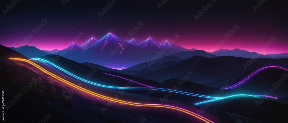 futuristic landscape with smooth, dark, undulating hills in the background with neon light trail