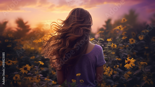 Pretty Woman in Purple T-shirt Admiring Sunflower Garden © Flash Studios