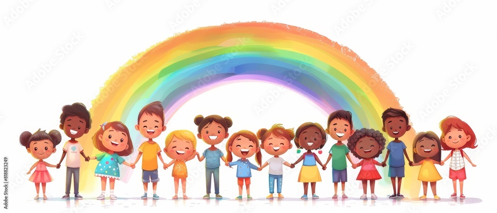 Various ethnicities unite under a rainbow in a cartoon, supporting LGBT inclusivity and friendship through animated characters Various ethnicities unite under a rainbow in a cartoon, supporting LGBT inclusivity and friendship through animated characters