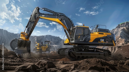 Sunlit Beast: Yellow and Black Excavator in a Rocky Quarry