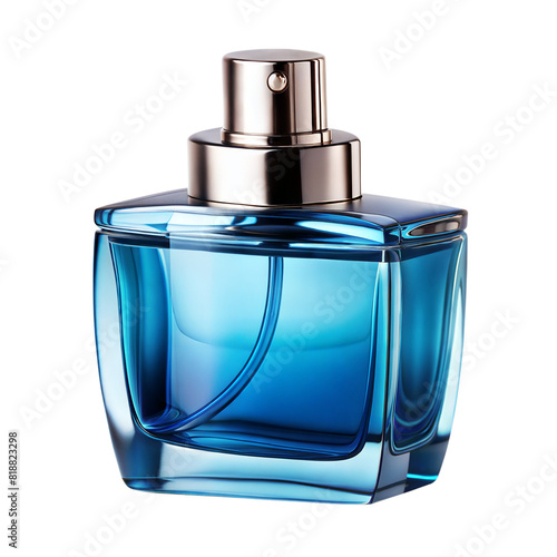Stylish Blue Glass Perfume Bottle on Transparent Background Displaying Branding Elements