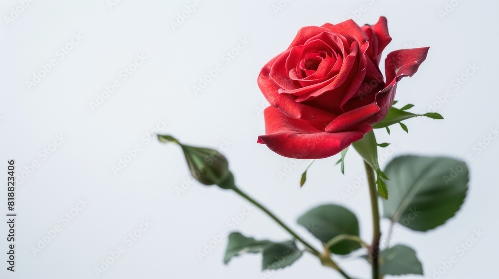 A single red rose with lush petals and green leaves, highlighted by a stark white background, symbolizing romance and love A single red rose with lush petals and green leaves, highlighted by a stark white background, symbolizing romance and love