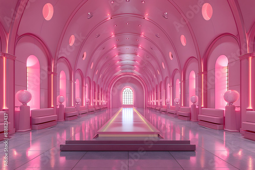 Elegant Pastel Hallway: A Symmetrical, Pink-Lit Corridor with Arched Ceilings and Glowing Spheres