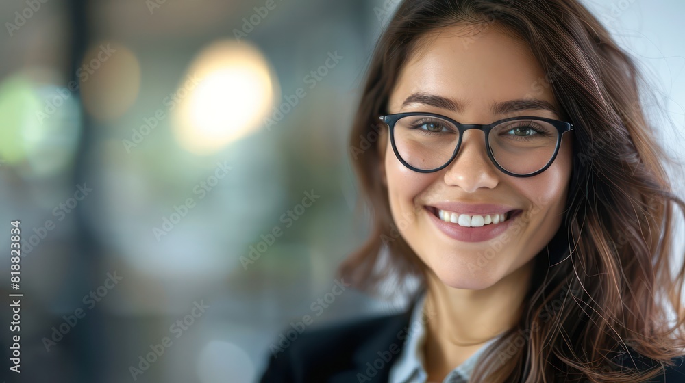 A cheerful young woman with glasses smiling warmly, focus on the clear facial features and glasses A cheerful young woman with glasses smiling warmly, focus on the clear facial features and glasses