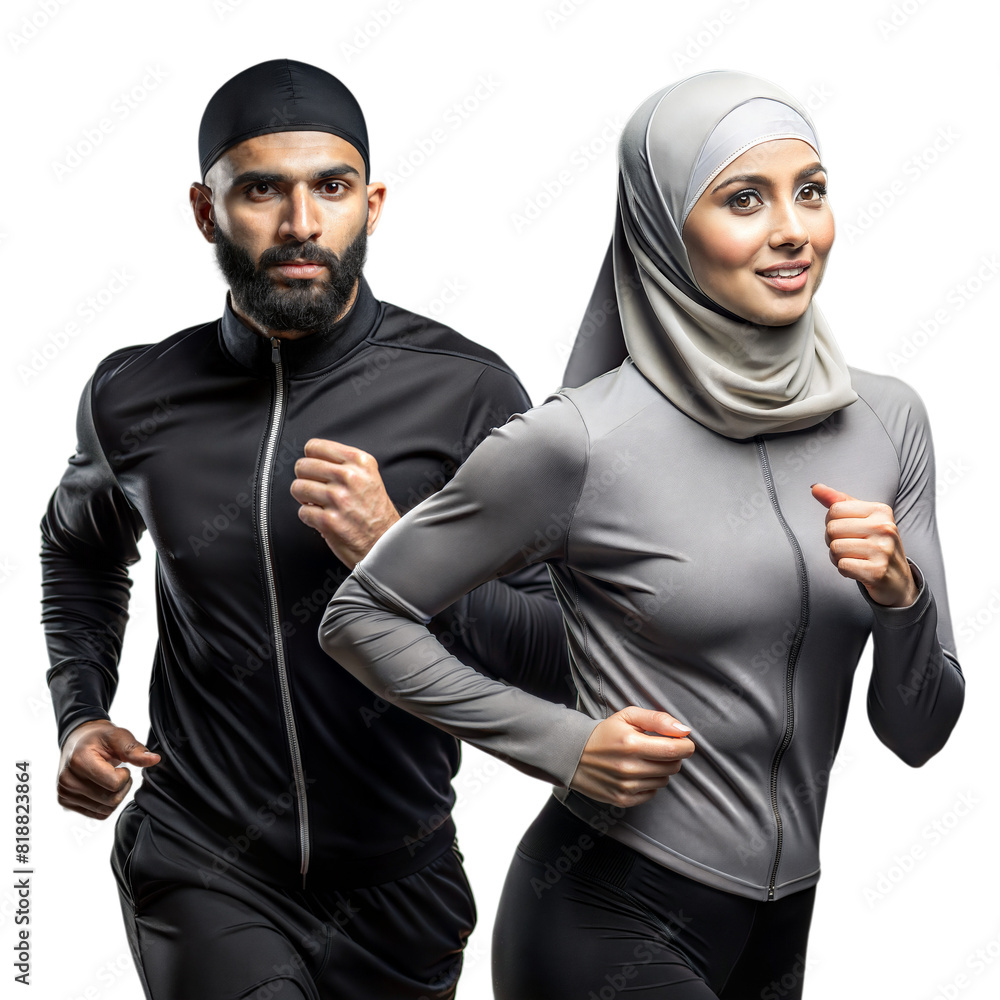 Fit Muslim Man And Woman Jogging Together With Smiles On Their Faces