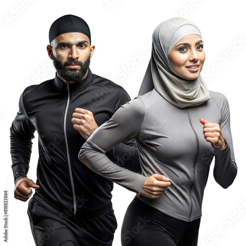 Fit Muslim Man And Woman Jogging Together With Smiles On Their Faces