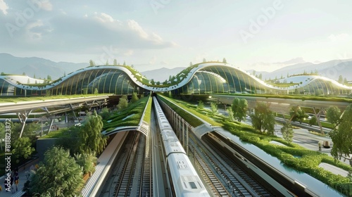 89. Train station with eco-friendly infrastructure, green travel options, modern design